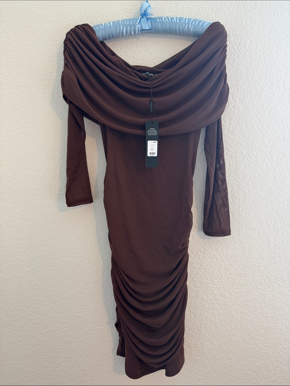 Fashion Nova Brown Off-the-Shoulder Ruched Long Sleeve Dress